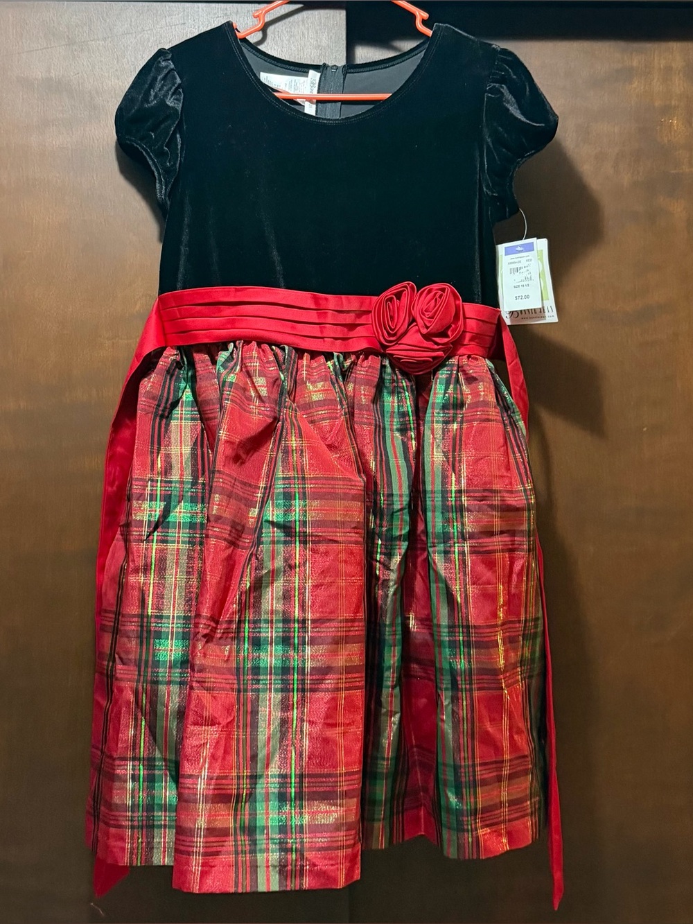 Bonnie Jean Black Velvet Top Red Plaid Holiday Dress with Sash